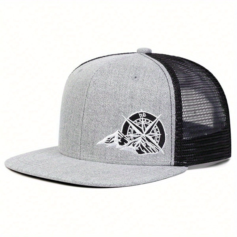 Men's embroidered compass hat featuring a stylish design with a gray body and black mesh back
