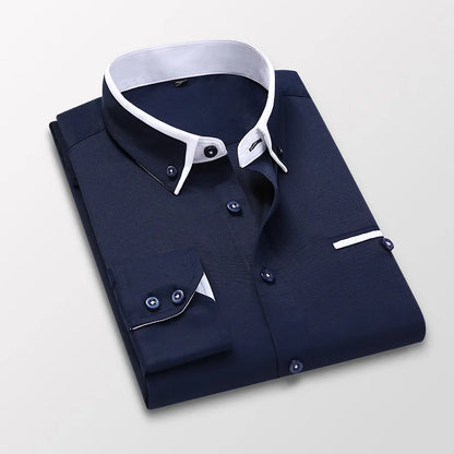 LuckeLadybug men's slim fit no-iron dress shirt in navy with contrast collar and cuffs for a sharp look