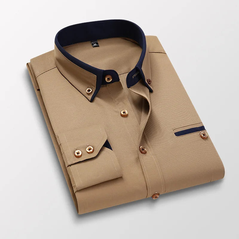 LuckeLadybug LLC mens slim fit no-iron dress shirt in tan with navy accents and stylish buttons