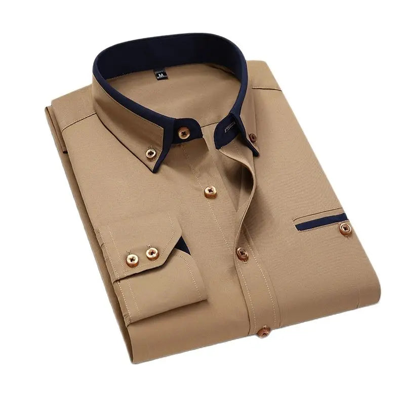LuckeLadybug LLC mens slim fit no-iron dress shirt in tan with contrasting collar and cuff details