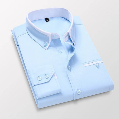 LuckeLadybug LLC mens slim fit no-iron dress shirt in light blue color, neatly folded