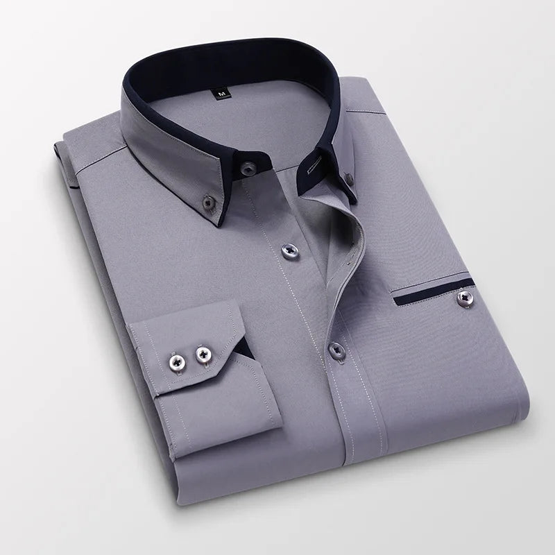 LuckeLadybug LLC mens slim fit no-iron dress shirt in light gray with contrasting collar and cuffs