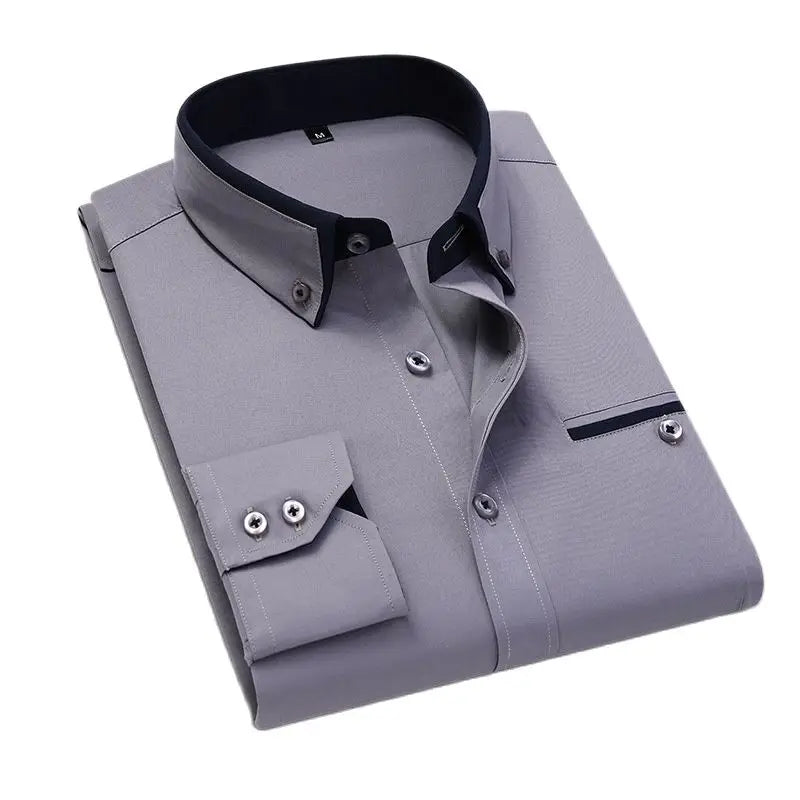 LuckeLadybug mens slim fit no-iron dress shirt in gray with sleek collar design and button details