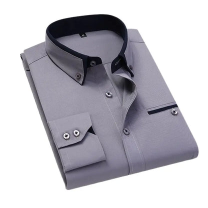 LuckeLadybug mens slim fit no-iron dress shirt in gray with sleek collar design and button details