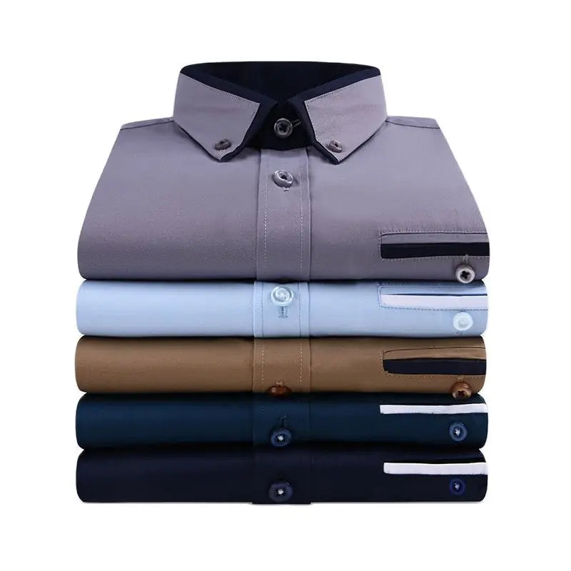 LuckeLadybug LLC mens slim fit no-iron dress shirt stack in various colors for versatile styling
