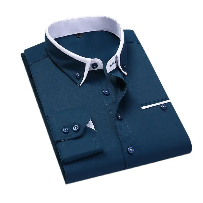 LuckeLadybug LLC mens slim fit no-iron dress shirt in navy with contrasting white collar and cuffs