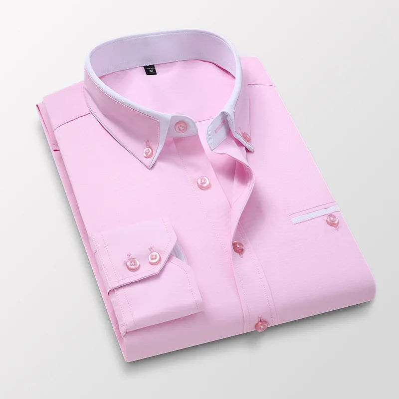 LuckeLadybug mens slim fit no-iron dress shirt in soft pink folded neatly with contrasting collar