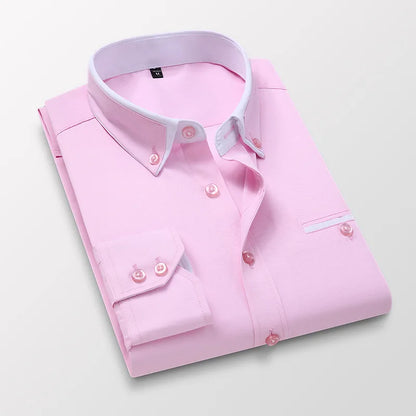 LuckeLadybug mens slim fit no-iron dress shirt in soft pink folded neatly with contrasting collar