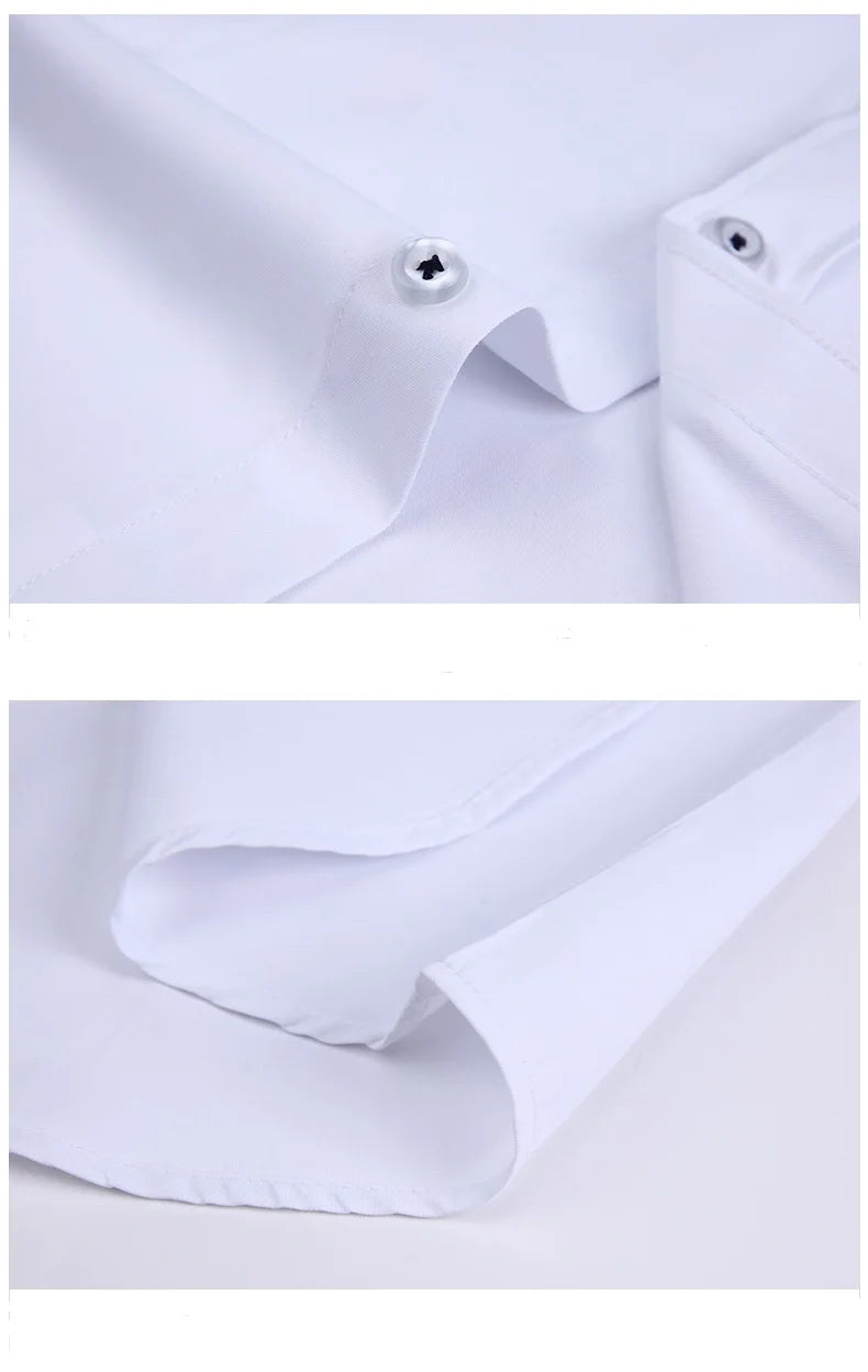 Close-up of LuckeLadybug LLC mens slim fit no-iron dress shirt showing collar and cuff details