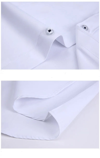 Close-up of LuckeLadybug LLC mens slim fit no-iron dress shirt showing collar and cuff details