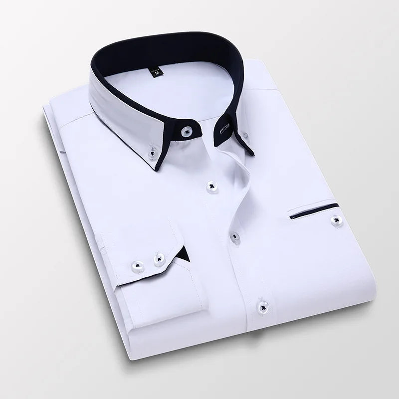 White mens slim fit no-iron dress shirt with contrasting collar and stylish button details