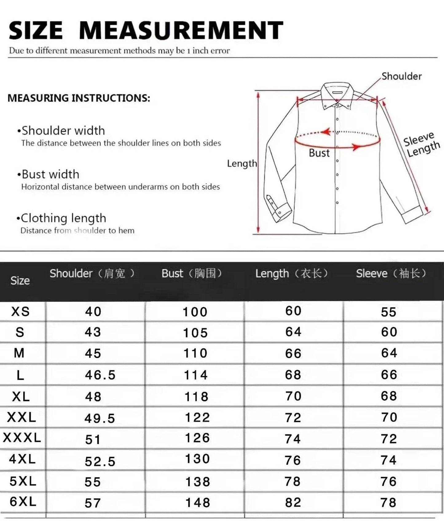 Size measurement chart for men's western cowboy shirt with detailed dimensions for each size