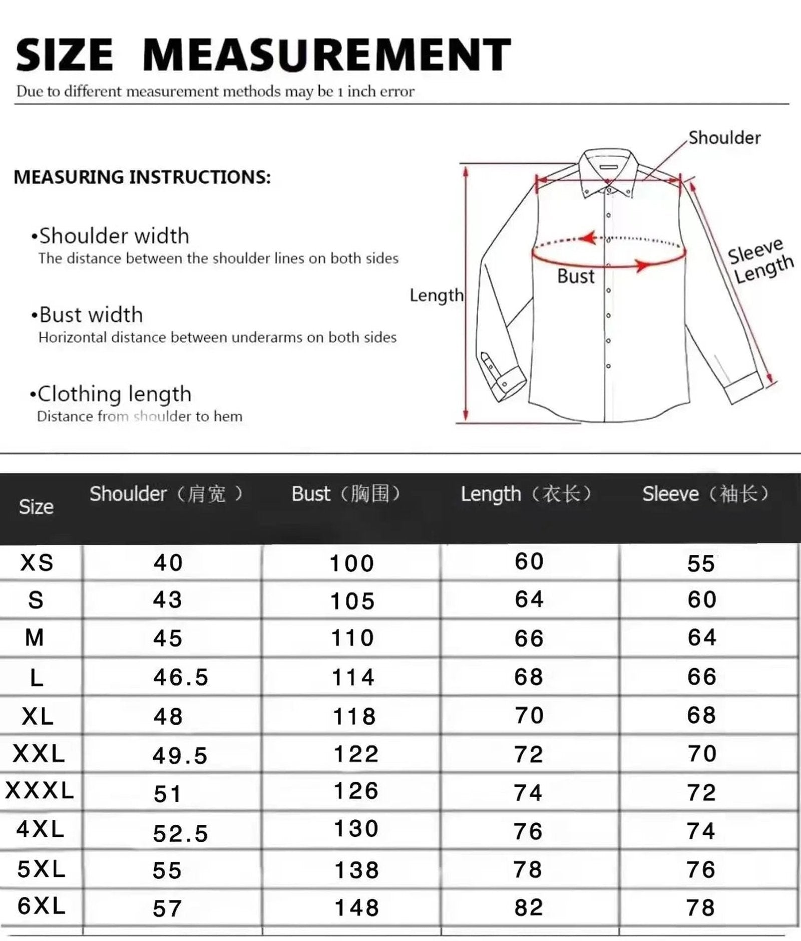 Size measurement chart for men's western cowboy shirt with detailed dimensions for each size