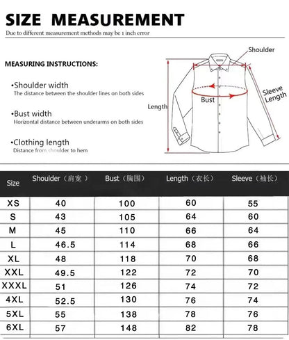 Size measurement chart for men's western cowboy shirt with detailed dimensions for each size