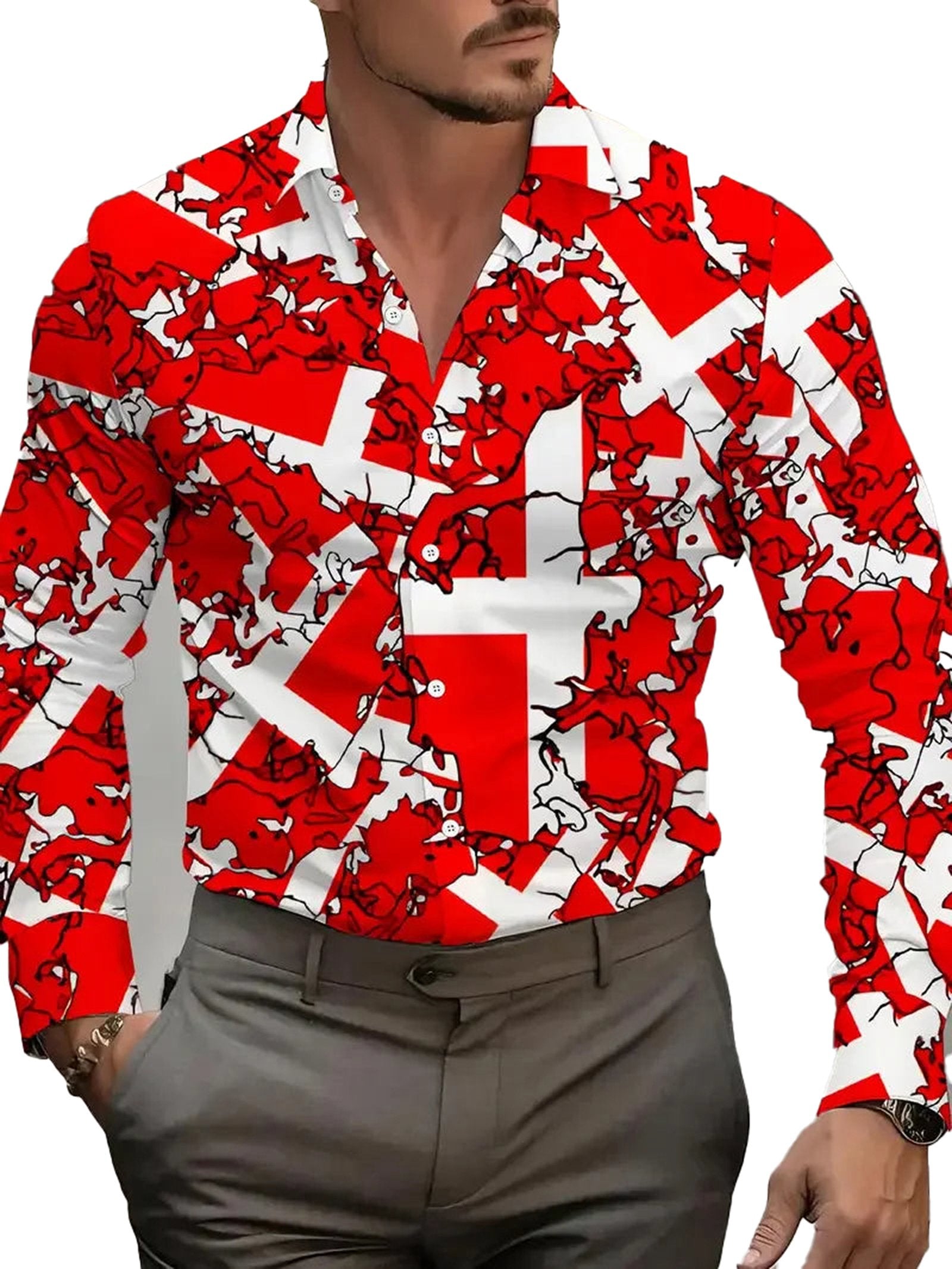 LuckeLadybug men's western cowboy shirt in bold red and white graphic design for stylish outfits