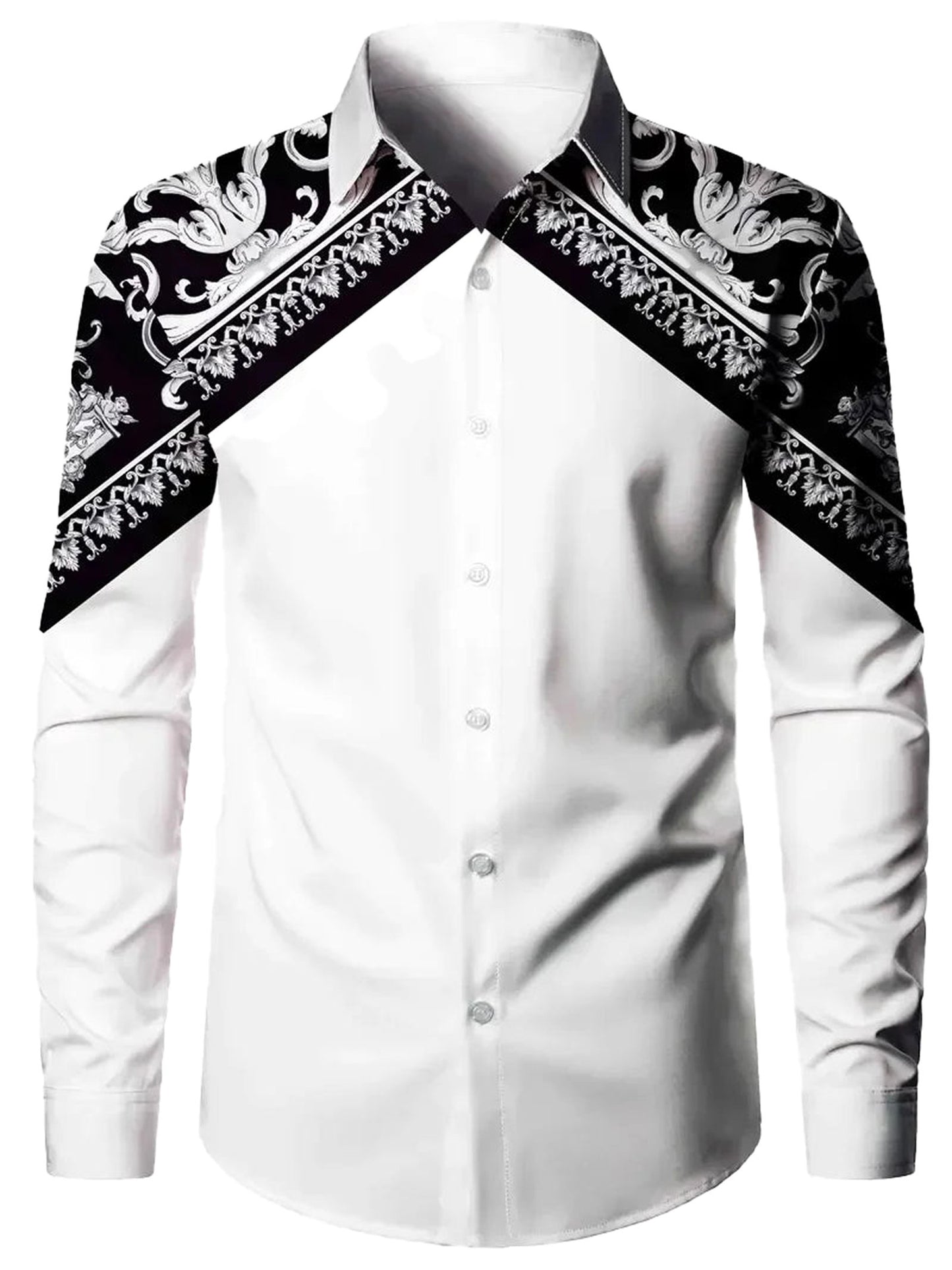 Men's western cowboy shirt in white with black ornate design on the shoulders for a stylish look