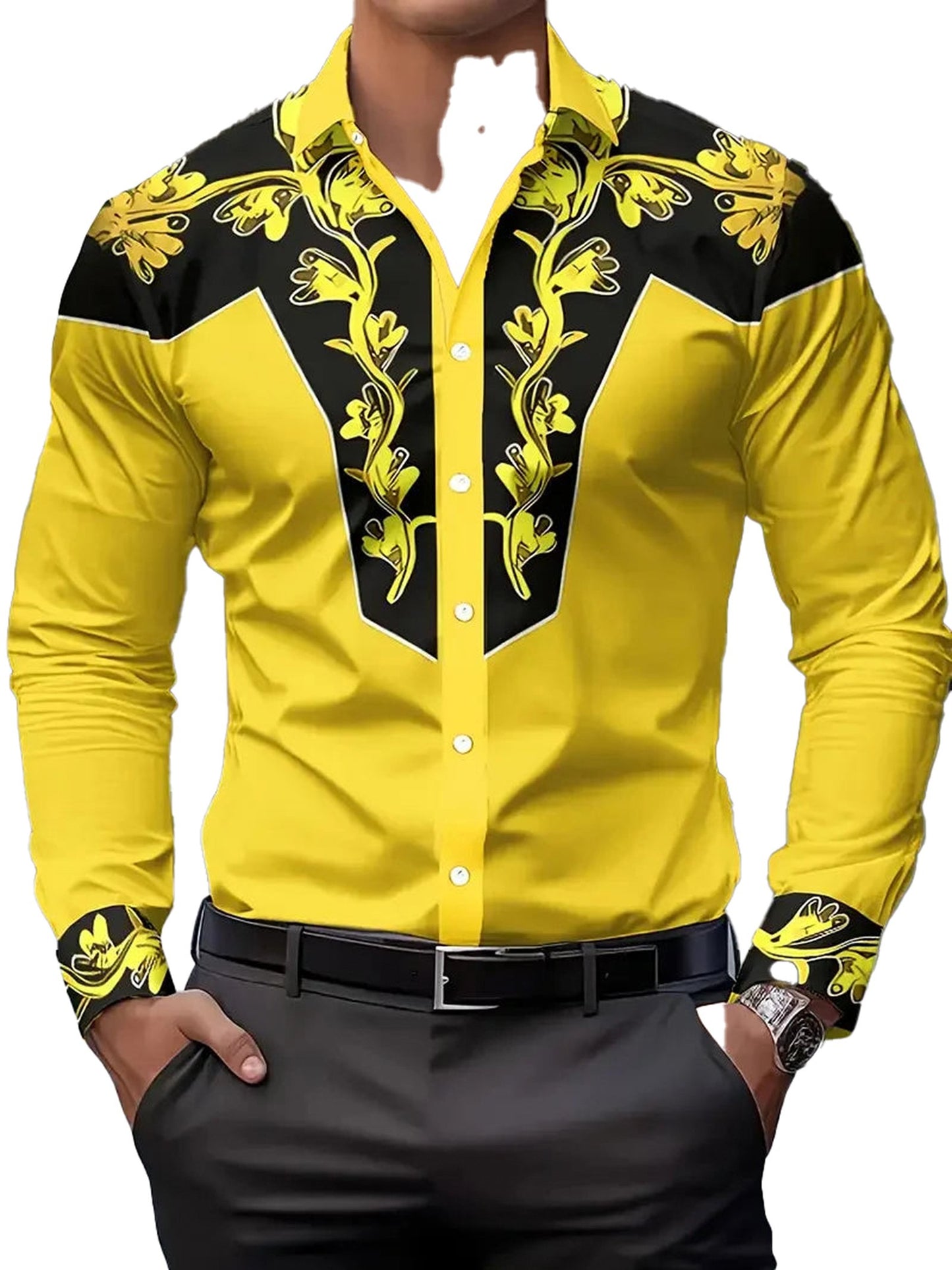 Stylish men's western cowboy shirt in yellow with intricate floral design for a bold look