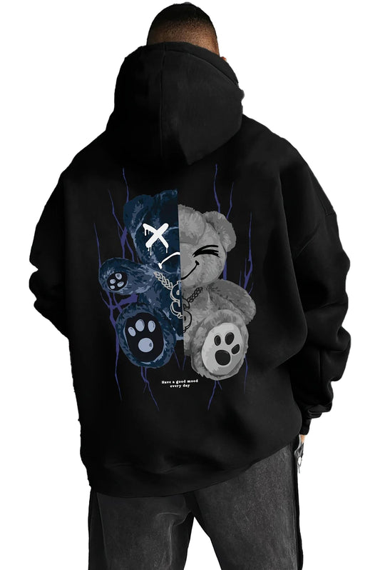 Men's 3D cartoon bear hoodie in black featuring unique bear graphics on the back