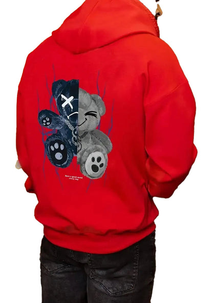 Men's 3D cartoon bear hoodie in red featuring a playful bear graphic on the back