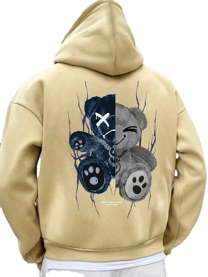 Men's 3D cartoon bear hoodie in beige with a playful bear graphic on the back