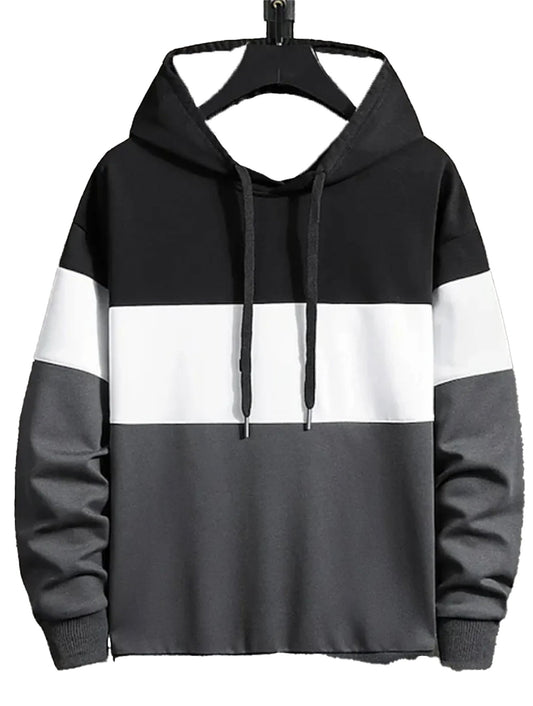 LuckeLadybug men's 3D color block hoodie in black, white, and gray with adjustable drawstrings