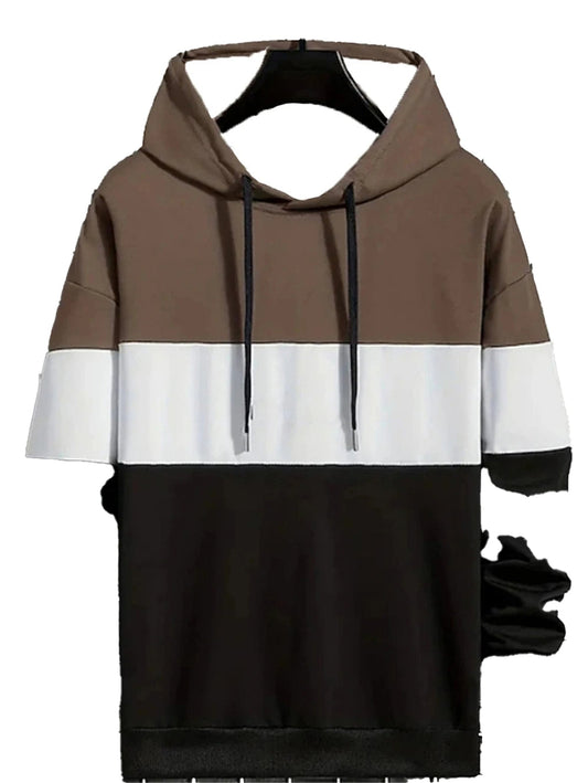 Men's 3D color block hoodie featuring a stylish brown, white, and black design for casual wear