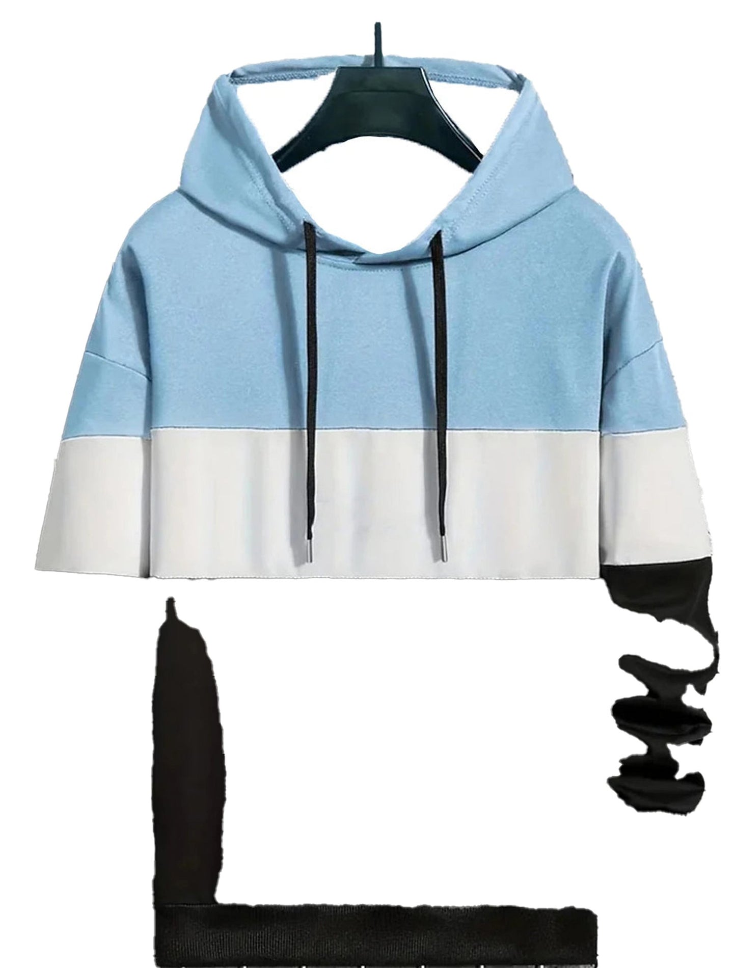 LuckeLadybug men's 3D color block hoodie in blue and white with a cropped design and drawstring hood