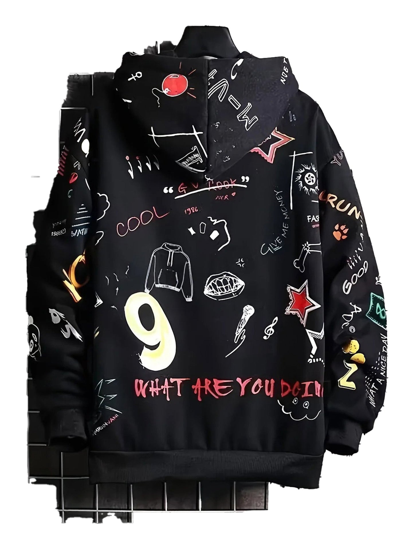 Men's 3D graffiti hoodie featuring colorful graphic designs on a black background for a trendy look