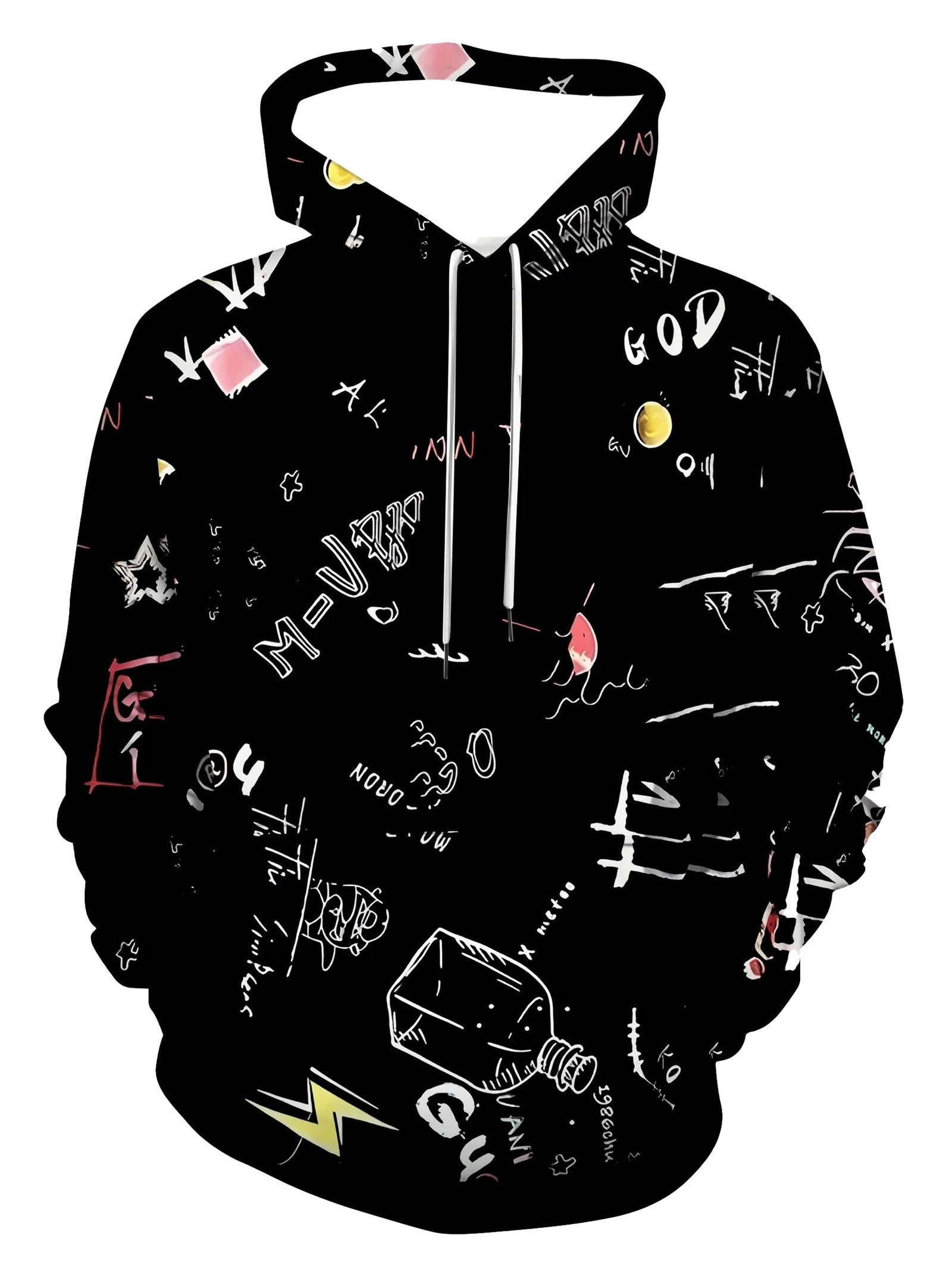 LuckeLadybug men's 3D graffiti hoodie with vibrant designs on a black background