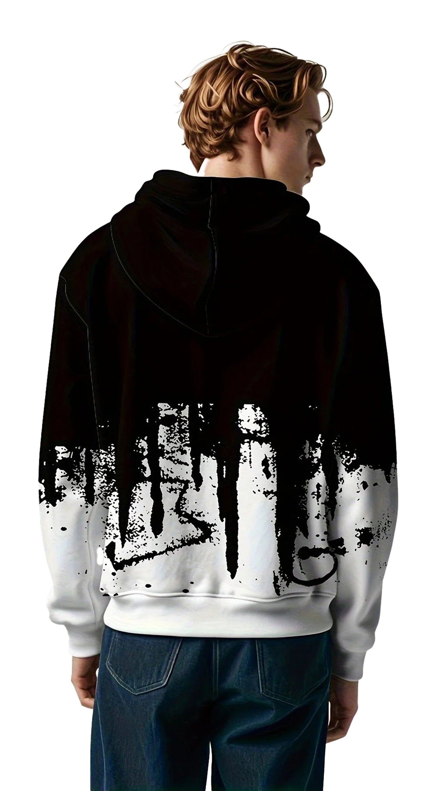 Men's 3D letter print hoodie in black and white with a stylish graffiti design on the back