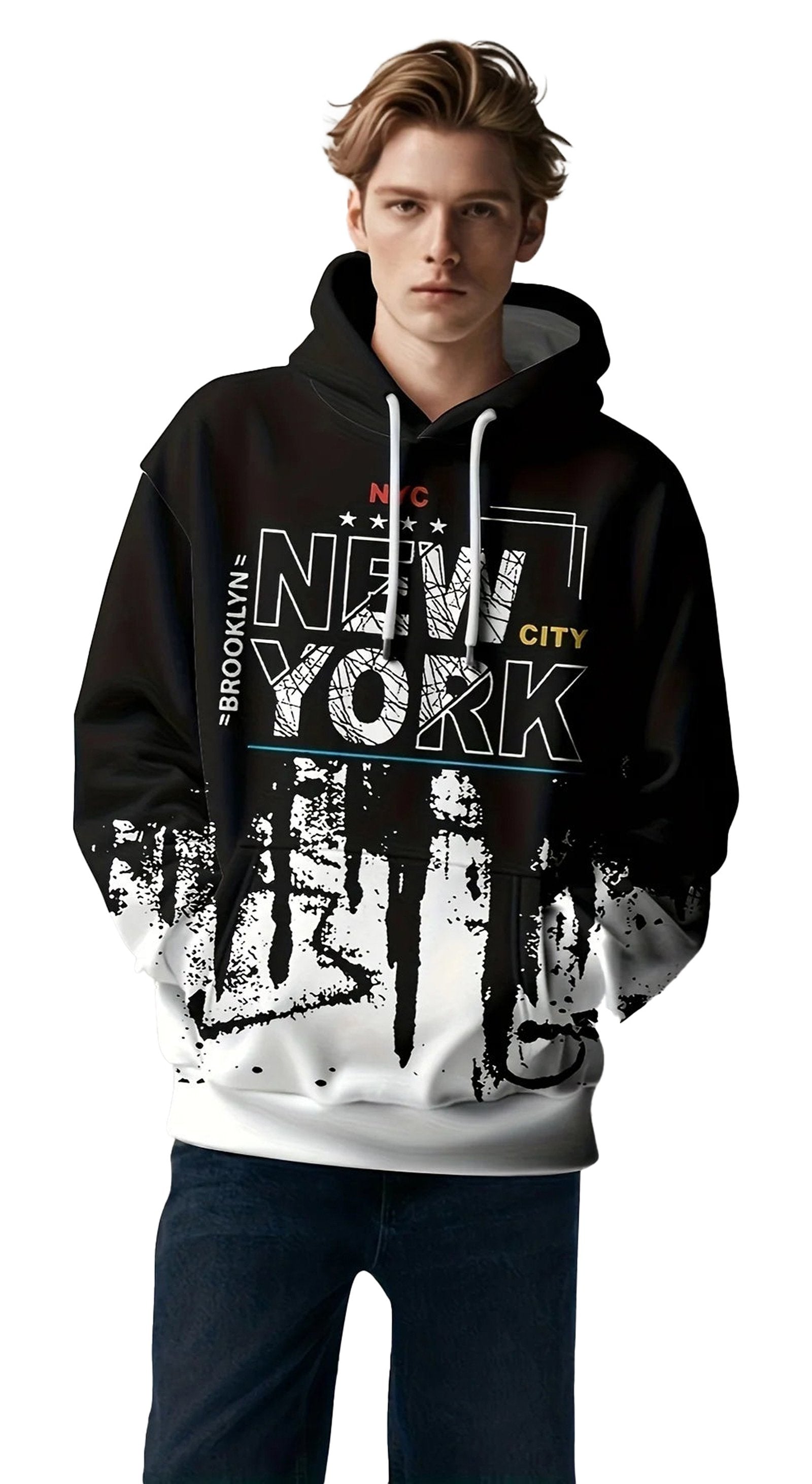 Men's 3D letter print hoodie featuring a stylish New York design with black and white graphics