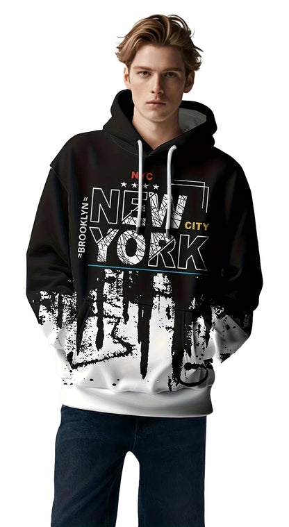 Men's 3D letter print hoodie featuring a stylish New York design with black and white graphics
