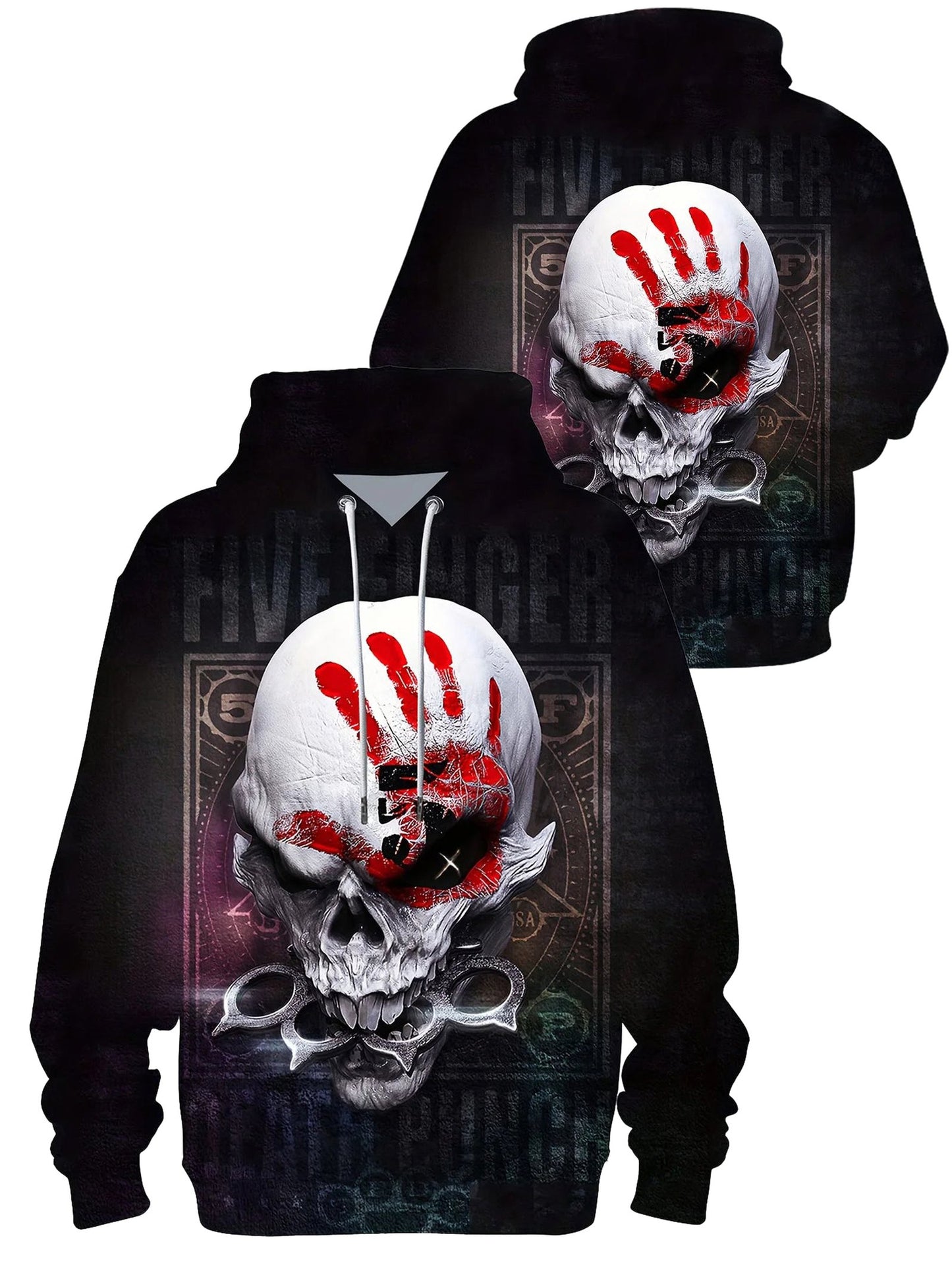 Men's 3D skull hoodie featuring a striking design with red handprint and intricate skull graphics