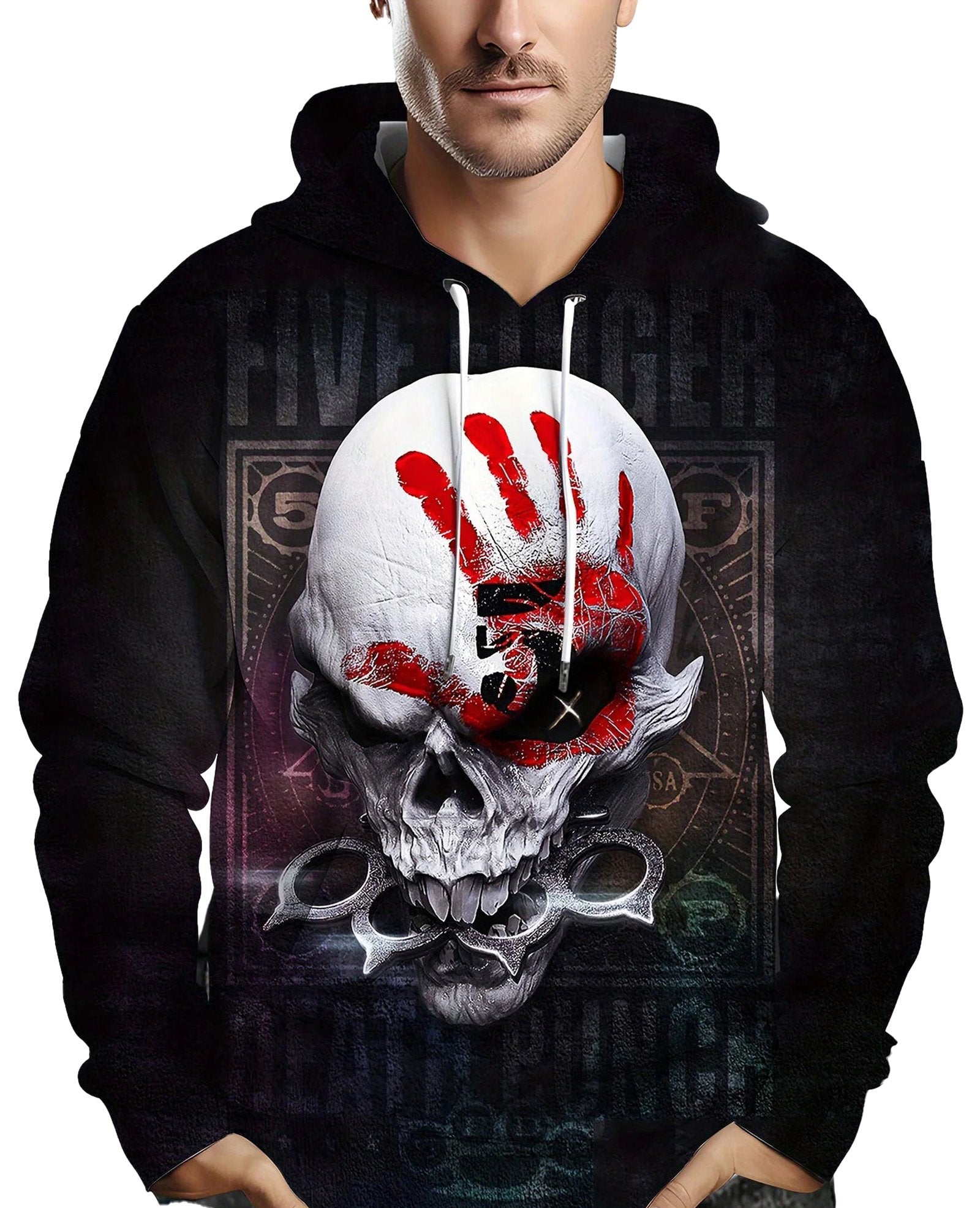Men's 3D skull hoodie featuring a bold graphic design with a skull and handprint in dramatic colors