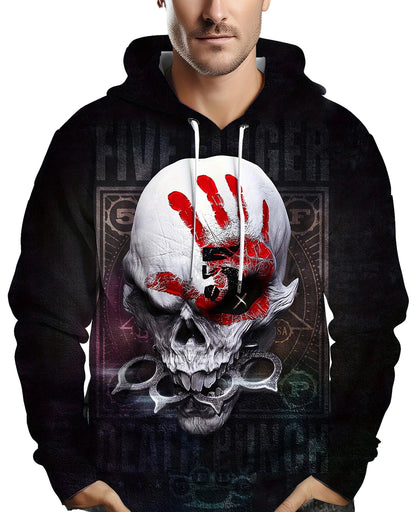 Men's 3D skull hoodie featuring a bold graphic design with a skull and handprint in dramatic colors