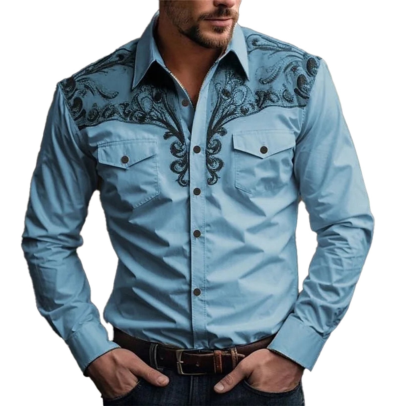 Men's 3D vintage print western shirt in light blue with intricate black designs and snap buttons
