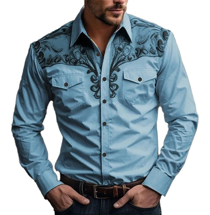 Men's 3D vintage print western shirt in light blue with intricate black designs and snap buttons