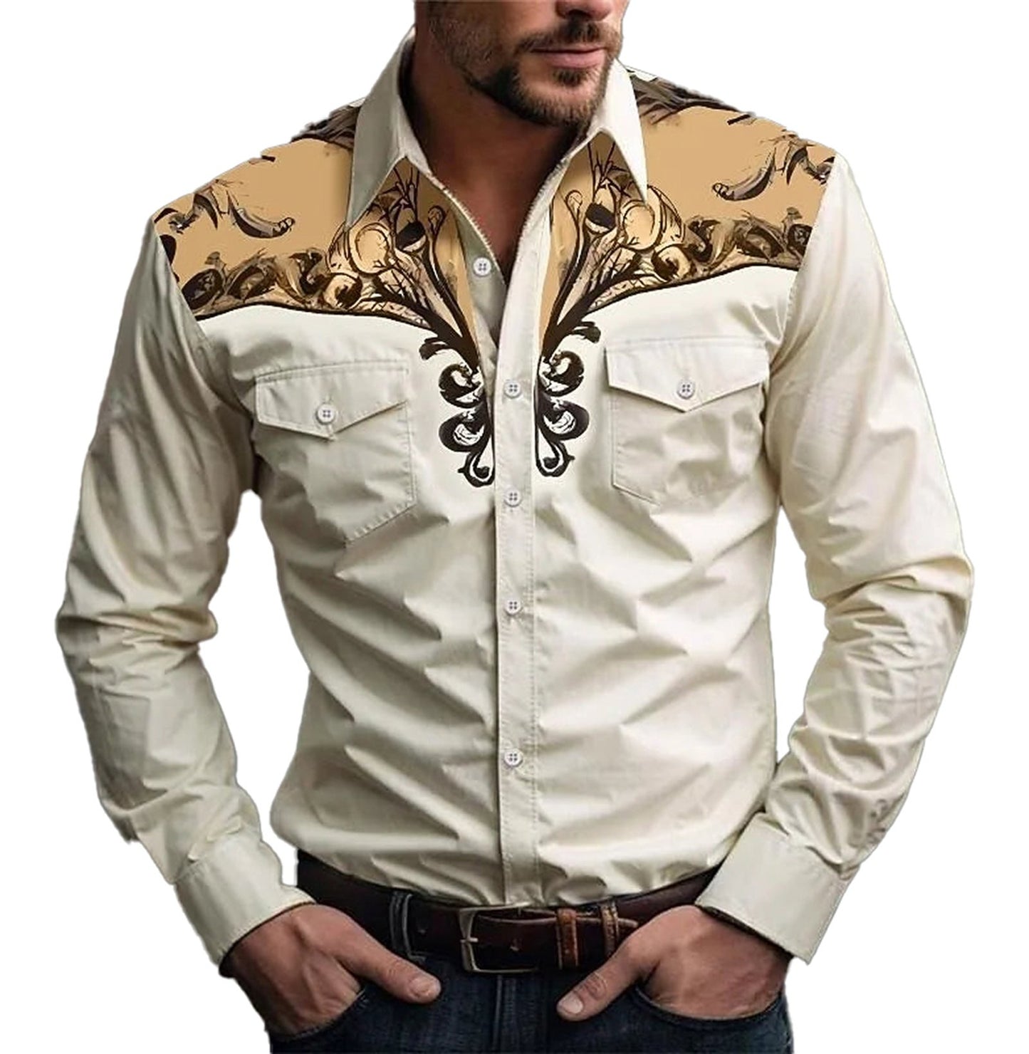 Men's 3D vintage print western shirt with intricate design and durable fabric for stylish cowboys