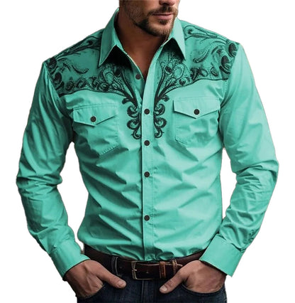 Men's 3D vintage print western shirt in teal with decorative black embroidery detailing