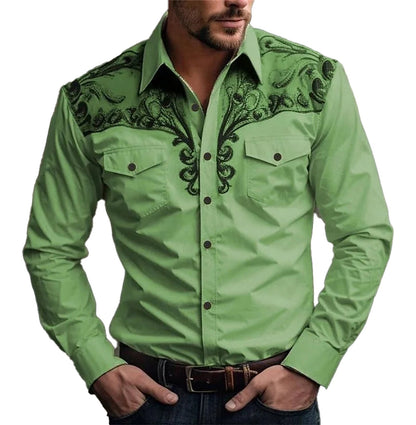 Men's 3D vintage print western shirt in green with intricate black embroidery details