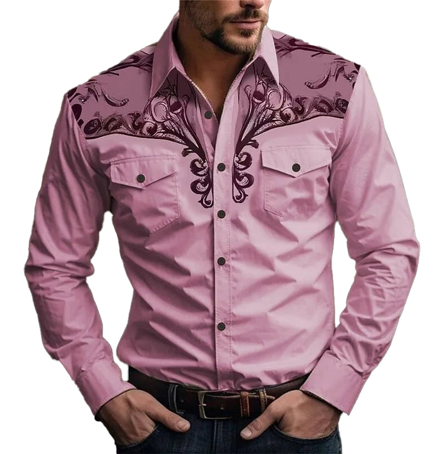 LuckeLadybug LLC men's 3D vintage print western shirt in pink with intricate design details
