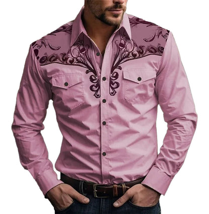 LuckeLadybug LLC men's 3D vintage print western shirt in pink with intricate design details
