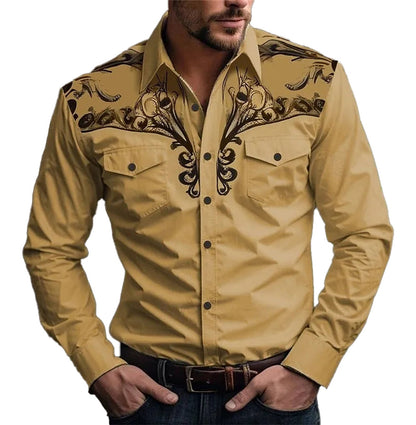 LuckeLadybug LLC men's 3D vintage print western shirt in beige with intricate designs on the yoke