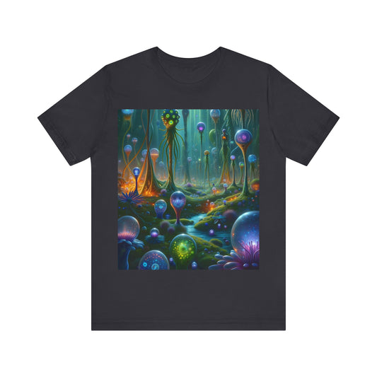LuckeLadybug men's alien graphic t-shirt featuring vibrant alien landscape design