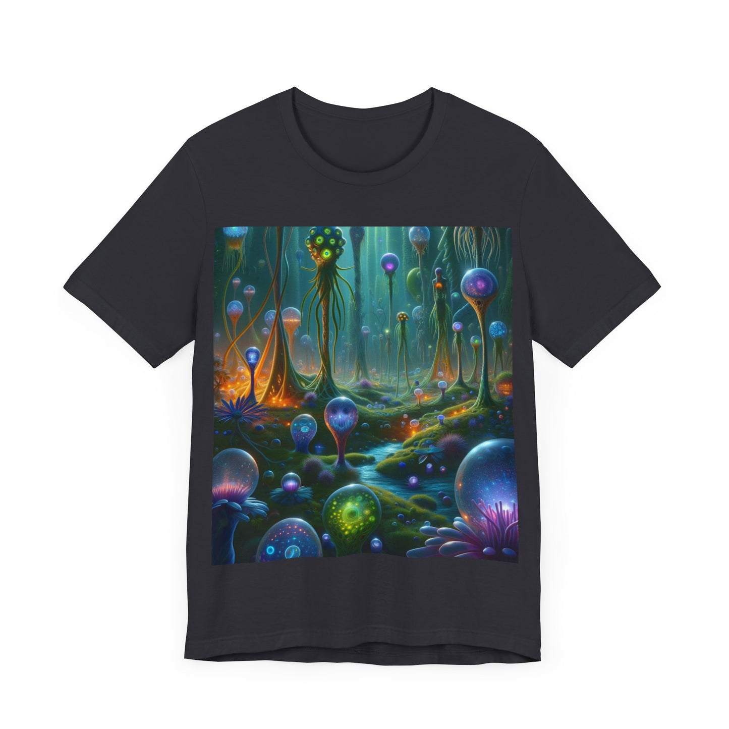 Men's alien graphic t-shirt featuring a vibrant, surreal landscape with colorful mushrooms and glowing elements