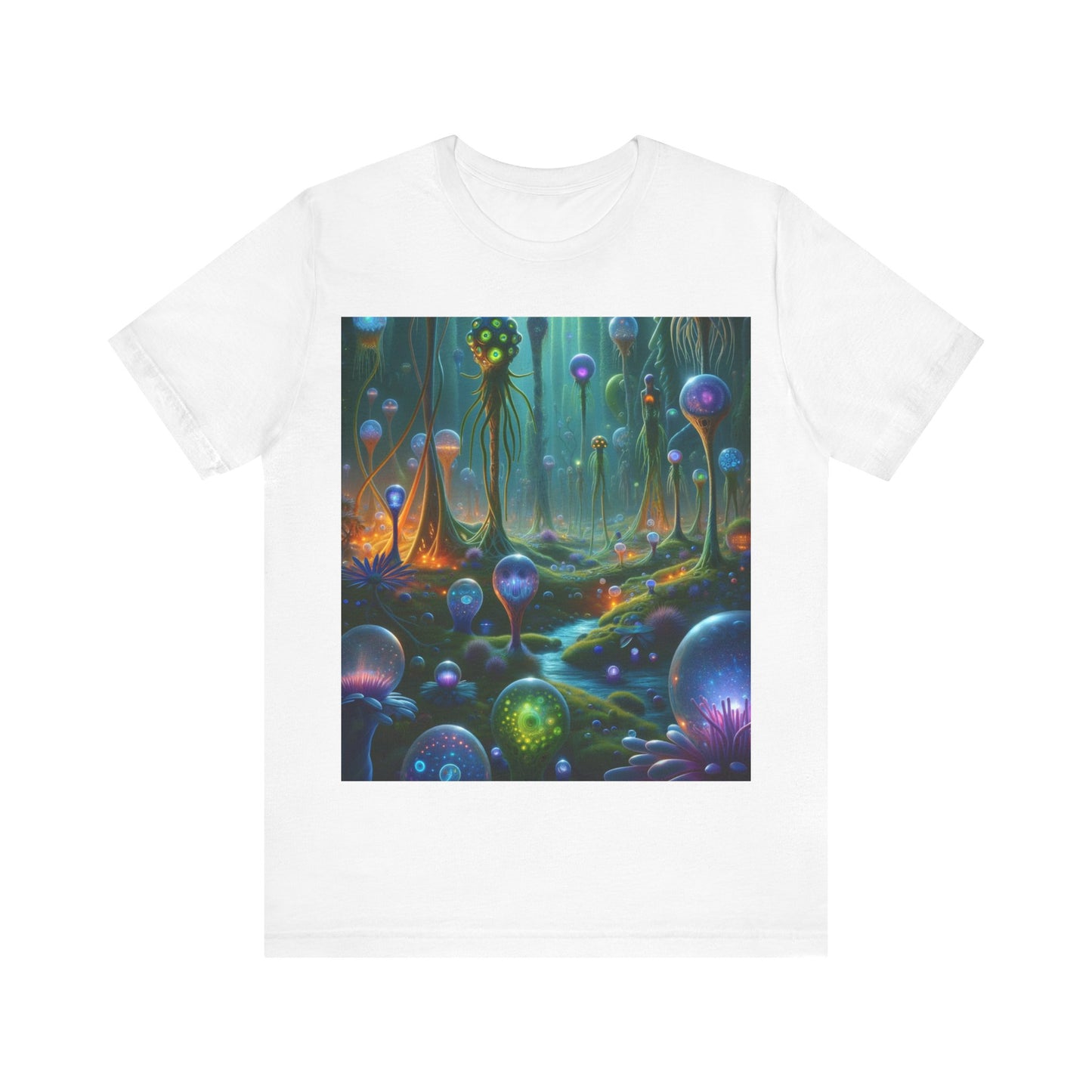LuckeLadybug men's alien graphic t-shirt featuring a vibrant alien landscape print