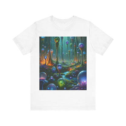 LuckeLadybug men's alien graphic t-shirt featuring a vibrant alien landscape print