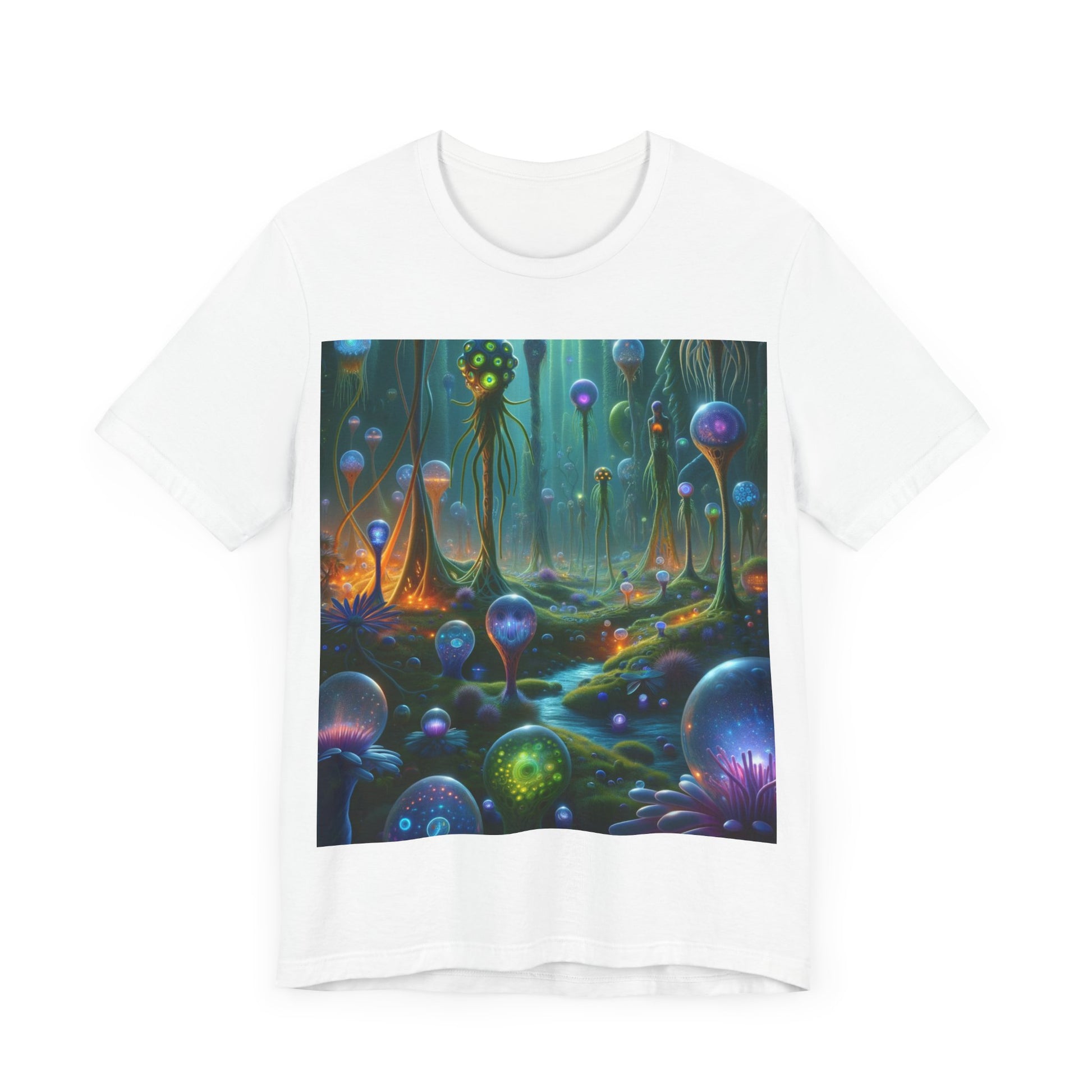 Men's alien graphic t-shirt featuring a colorful cosmic landscape with surreal mushroom designs