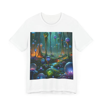 Men's alien graphic t-shirt featuring a colorful cosmic landscape with surreal mushroom designs