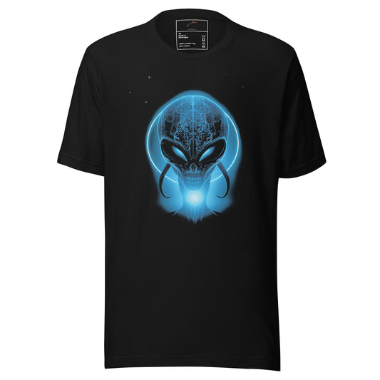 LuckeLadybug men's alien t-shirt featuring a glowing alien graphic on a black background
